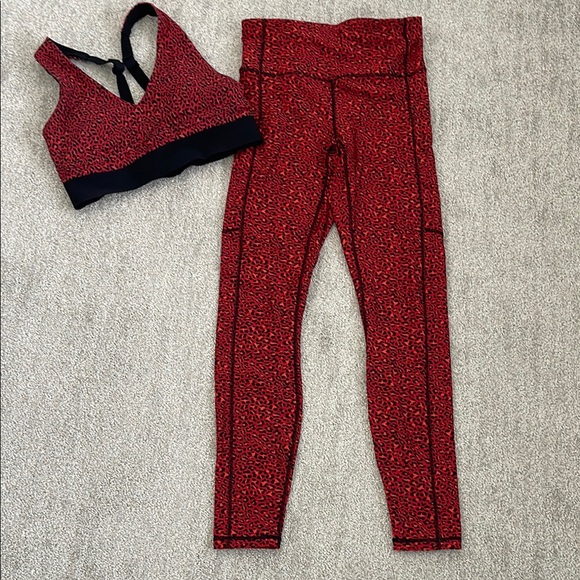 Fabletics Electric Red and Black Leopard Print Women's Workout Set - Picture 3 of 6